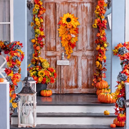 Cindeer 2 Pcs Fall Teardrop Swags for Front Door Decor Sunflowers Pumpkin
