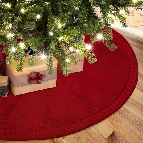 Christmas Tree Skirt 48 Inch Red Cable Knit Rustic Holiday Decor for Indoor Xmas