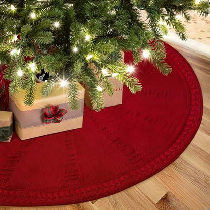 Christmas Tree Skirt 48 Inch Red Cable Knit Rustic Holiday Decor for Indoor Xmas