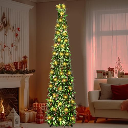 Collapsible 5ft Artificial Christmas Tree with LED String Lights - Red-Berry & Harry-Leaf Variation