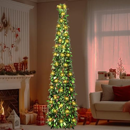 Collapsible 5ft Artificial Christmas Tree with LED String Lights - Red-Berry & Harry-Leaf Variation