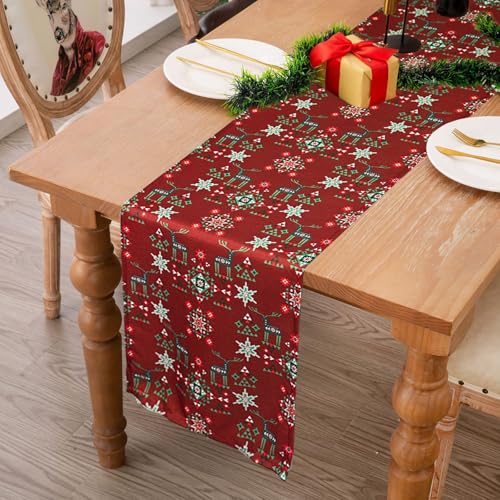 Christmas Table Runner Red with Reindeer Snowflake Geometric Pattern 13x48 Inches - Farmhouse Holiday Decor