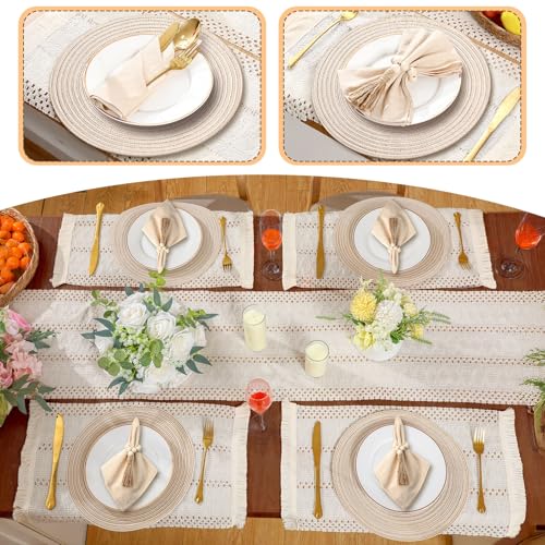 6 Sets Boho Round & Rectangular Woven Placemats Table Decor with Napkins & Rings - Farmhouse Style