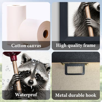 Bathroom Raccoon Wall Art Decor - 16x12 Inches Wooden Framed Canvas
