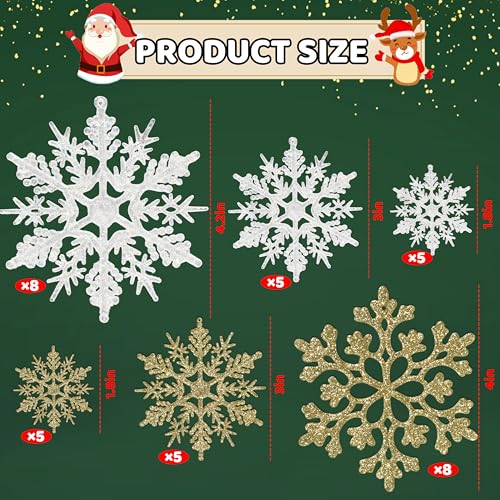 White Gold 36pcs Snowflake Ornaments Set - 4 Sizes, Glitter Plastic Christmas Decorations