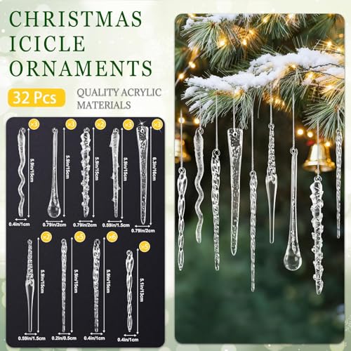 32-Piece Glass Icicle Christmas Ornaments - Textured Clear Decor for Tree & Holiday Displays