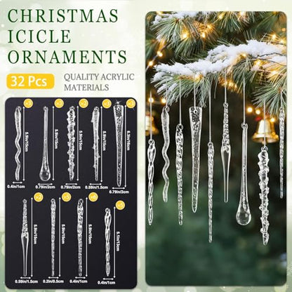 32-Piece Glass Icicle Christmas Ornaments - Textured Clear Decor for Tree & Holiday Displays