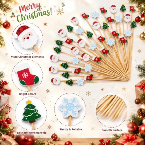 Christmas Santa Cocktail Picks Set - 200 Bamboo Toothpicks with Santa Design