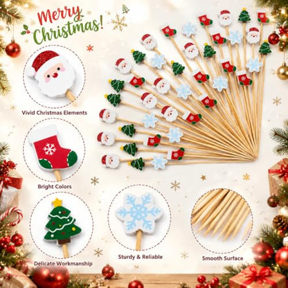 Christmas Santa Cocktail Picks Set - 200 Bamboo Toothpicks with Santa Design