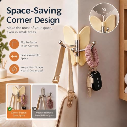 Rotating Butterfly Wall Hooks Set - Color Mixing, 6 Pack Adhesive Corner Hooks