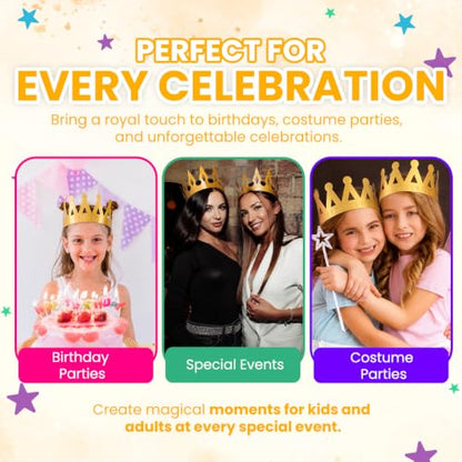Gold Paper Crown Party Hats - 24 Pack Adjustable Royal Costumes for Kids & Adults