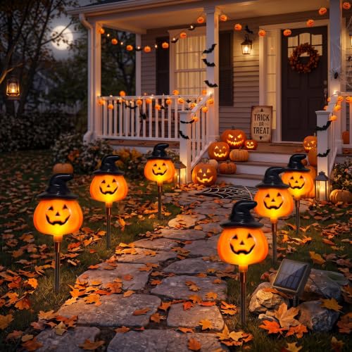 Outdoor Halloween Pumpkin Stake Lights - Solar Jack O Lantern Decor, Waterproof, 6-Pack