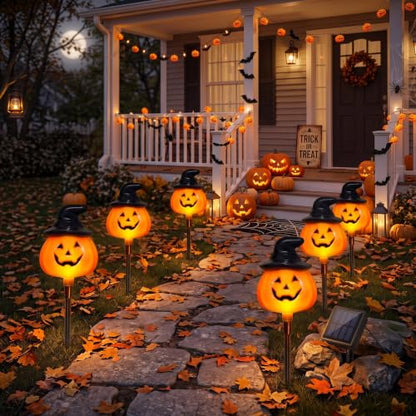 Outdoor Halloween Pumpkin Stake Lights - Solar Jack O Lantern Decor, Waterproof, 6-Pack