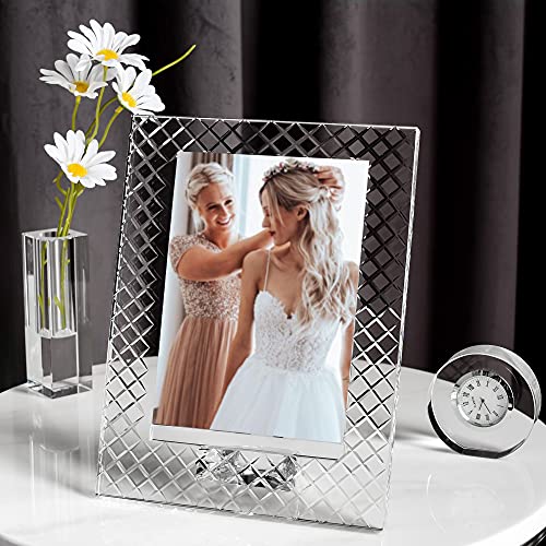 kitCom 5x7 Inch Crystal Wedding Photo Frame with Embossed Design – Keepsake Tabletop Display, Clear Gift Box