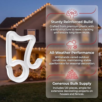 120 Pack Outdoor Christmas Light Gutter Clips White - Reusable Weatherproof Hook
