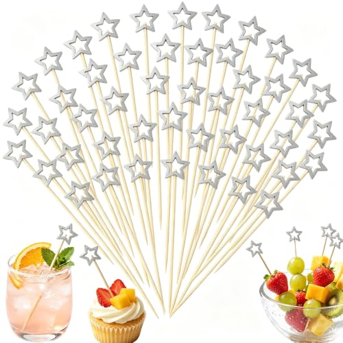 Silver Hollow Star Cocktail Picks 120Pcs for Fruit & Dessert Decoration