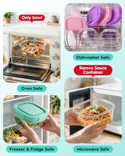 BiuLeon Green Glass Salad Container 56oz with Airtight Lid & 4-Compartment Tray