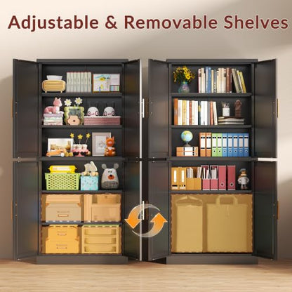 Black 71-Inch Metal Pantry Cabinet with 4 Doors & Adjustable Shelves