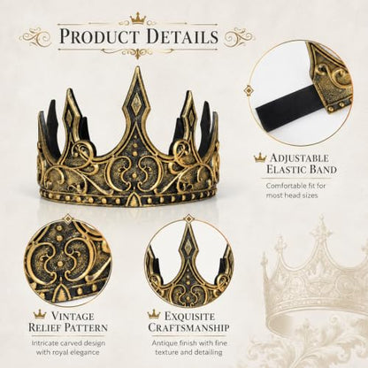 Medieval Crown Hat for Adults - Adjustable Gold Costume Headpiece