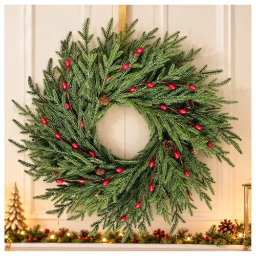 24 Inch Pre-Lit Cedar Christmas Wreath with Red Berries and Pinecones