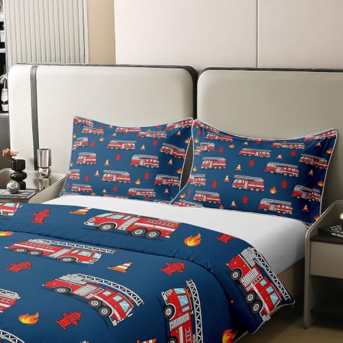 Navy Blue Full Size Fire Truck Duvet Cover Set - 100% Cotton Boys Girls Bedding