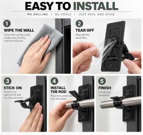 Heavy Duty No Drill Self-Adhesive Curtain Rod Brackets Black - 6 Pack