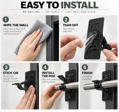 Heavy Duty No Drill Self-Adhesive Curtain Rod Brackets Black - 6 Pack