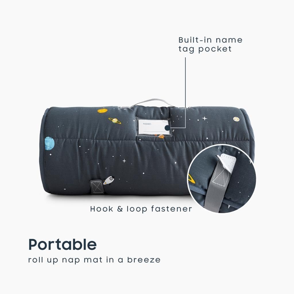 Wake In Cloud - Toddler Nap Mat with Pillow & Blanket | 100% Cotton, Galaxy Space Design for Kids 3+