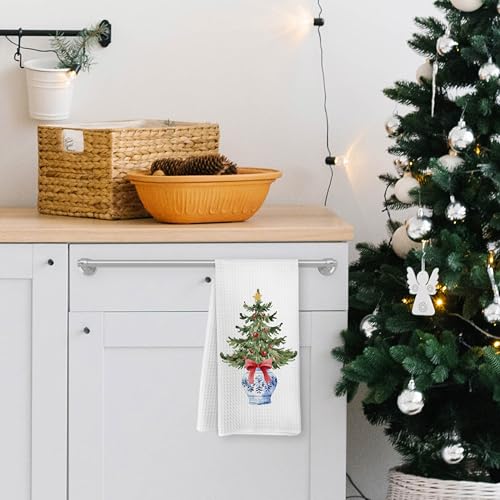 Yorhifa Blue and White Chinoiserie Christmas Tree Kitchen Towels, Red Bow, 16x24 Inches, Variation 8