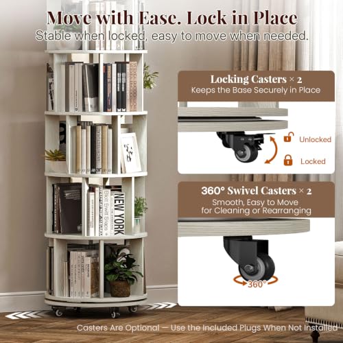 6-Tier Rotating Bookshelf Tower - Vintage White 360° Spin Storage