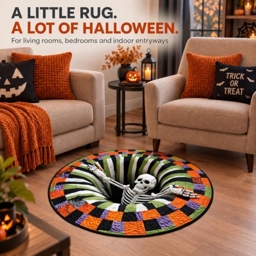 Halloween Skeleton Vortex 3D Rug - 36 Inch Round Non-Slip Indoor Floor Mat