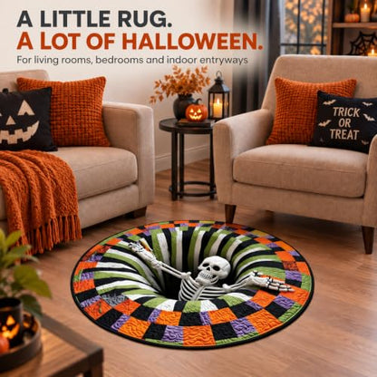 Halloween Skeleton Vortex 3D Rug - 36 Inch Round Non-Slip Indoor Floor Mat