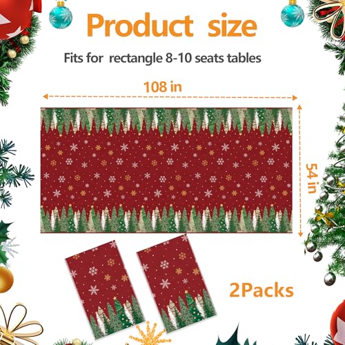 Christmas Tablecloths 2 Pack - Red Holiday Plastic Rectangular Cover 54x108 Inch
