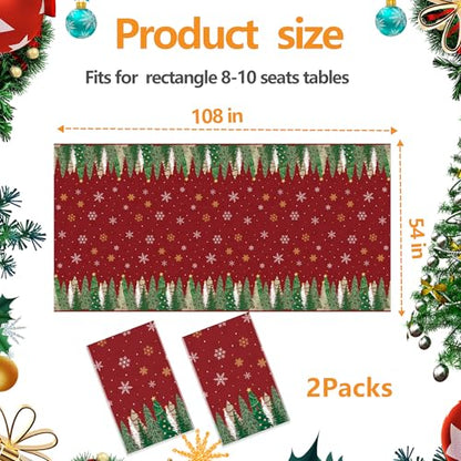 Christmas Tablecloths 2 Pack - Red Holiday Plastic Rectangular Cover 54x108 Inch