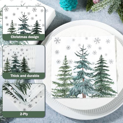100 Pcs Christmas Tree Napkins 6.5 x 6.5 Inch Biodegradable 2-Ply Snowflake Pine Design