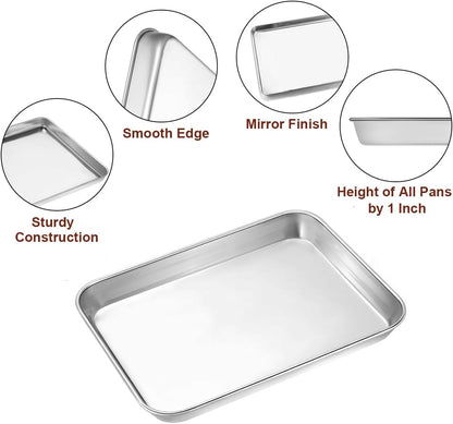 Wildone Baking Sheet Set - 12 PCS Heavy-Duty Stainless Steel Cookie & Toaster Oven Pans | Dishwasher Safe, 9 x 6.7 x 1 Inches