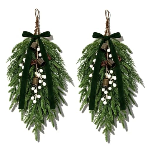 Green 2 Pack Christmas Pine Needle Berries Teardrop Door Swag Wreath Decor