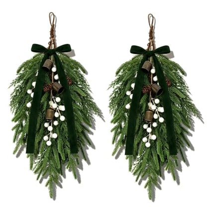 Green 2 Pack Christmas Pine Needle Berries Teardrop Door Swag Wreath Decor