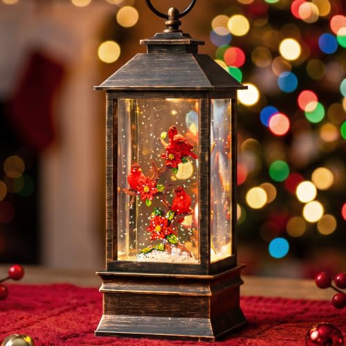 Christmas Snow Globe Lantern with Music & Timer - Cardinal Red, 10.4''