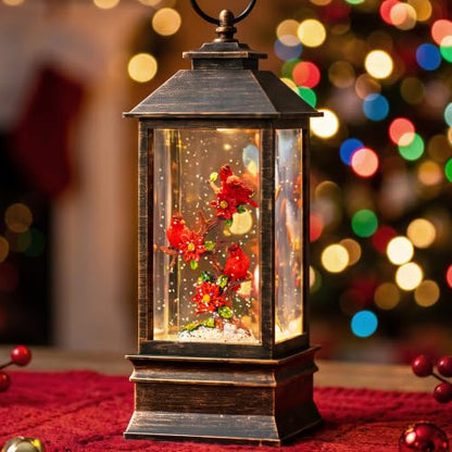Christmas Snow Globe Lantern with Music & Timer - Cardinal Red, 10.4''