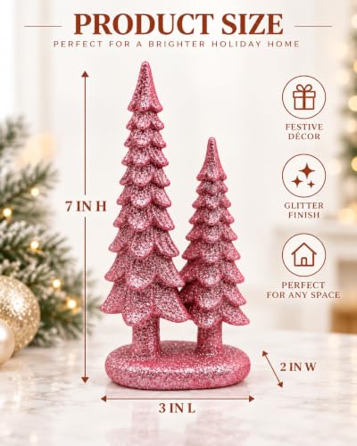 Pink Mini Christmas Tree Figurine Duo - 7-Inch Resin Tabletop Decor - Small