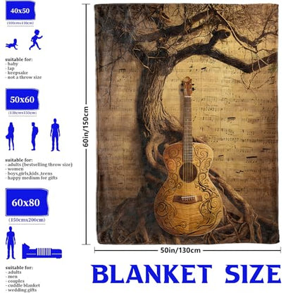Guitar and Tree Throw Blanket for Kids & Adults - Soft Cozy Flannel 60x80
