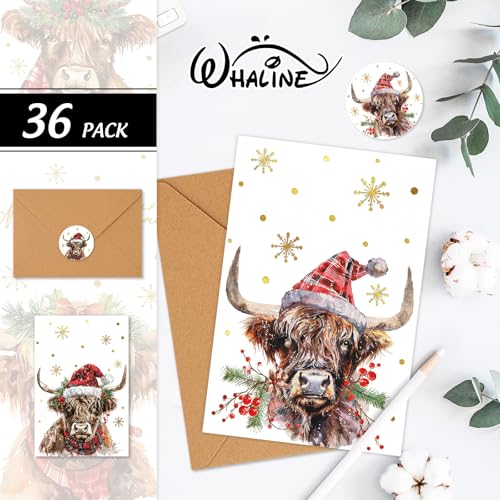 Highland Cow Christmas Greeting Cards Set - Gold Foil Snowflake Watercolor Holiday Note Cards with Envelopes & Stickers - Highland Cow Variation 1