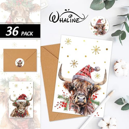 Highland Cow Christmas Greeting Cards Set - Gold Foil Snowflake Watercolor Holiday Note Cards with Envelopes & Stickers - Highland Cow Variation 1