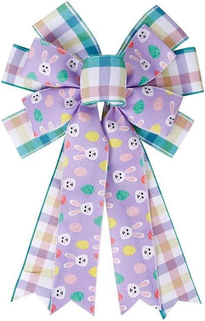 SIMISI Ribbon Easter Wreath Bow - Large Burlap Wired Bow with Bunny Eggs | 11x17.7 Inch Door Ornament