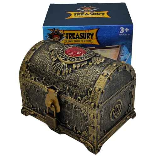 Kids Pirate Treasure Chest Storage Box,Red Rhinestone Inlaid Top Decorative Pirate Chest with Lock and Key for Kids Birthday,Halloween, Christmas Pirate Party Favors