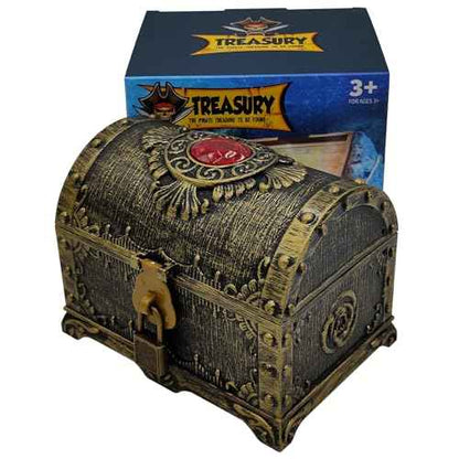 Kids Pirate Treasure Chest Storage Box,Red Rhinestone Inlaid Top Decorative Pirate Chest with Lock and Key for Kids Birthday,Halloween, Christmas Pirate Party Favors