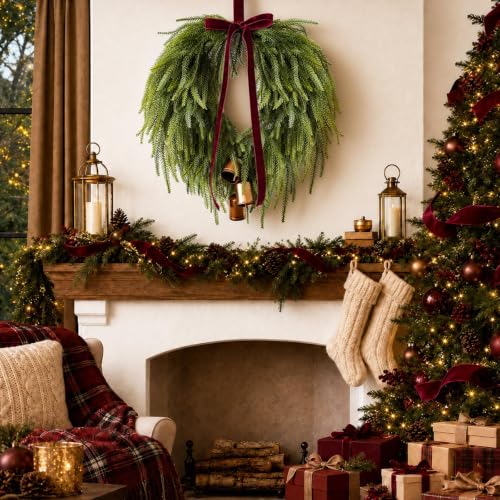 24 Inch Christmas Wreath with Burgundy Bow Bells for Front Door - Red