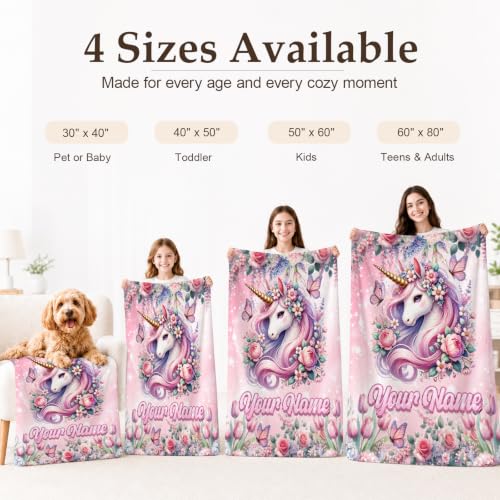 Pink Personalized Unicorn Blanket for Girls - Custom Floral & Butterfly Gift