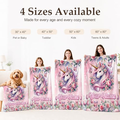 Pink Personalized Unicorn Blanket for Girls - Custom Floral & Butterfly Gift